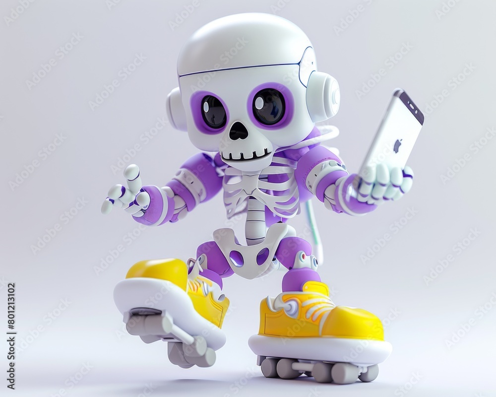 A skeleton robot wearing purple headphones and roller-skates is taking a selfie. A skeleton robot wearing purple headphones and roller-skates is taking a selfie.