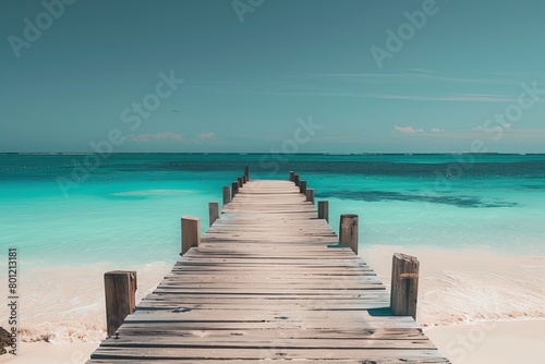 Wooden pier stretching into azure water on beach, merging with horizon