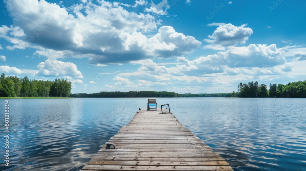 Landscape with a long wooden pier with chairs for fishing and relaxing enjoying the lake view Landscape with a long wooden pier with chairs for fishing and relaxing enjoying the lake view