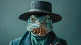 A green iguana wearing a black top hat and a blue suit coat