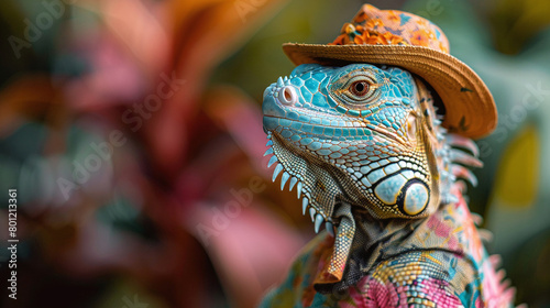 A green iguana wearing a straw hat is looking at the camera. The iguana is sitting on a branch in a tropical rainforest