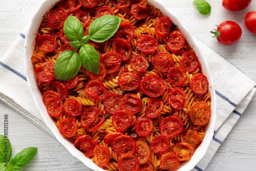 Homemade Easy Tomato Basil Pasta Bake, top view. © Liudmyla