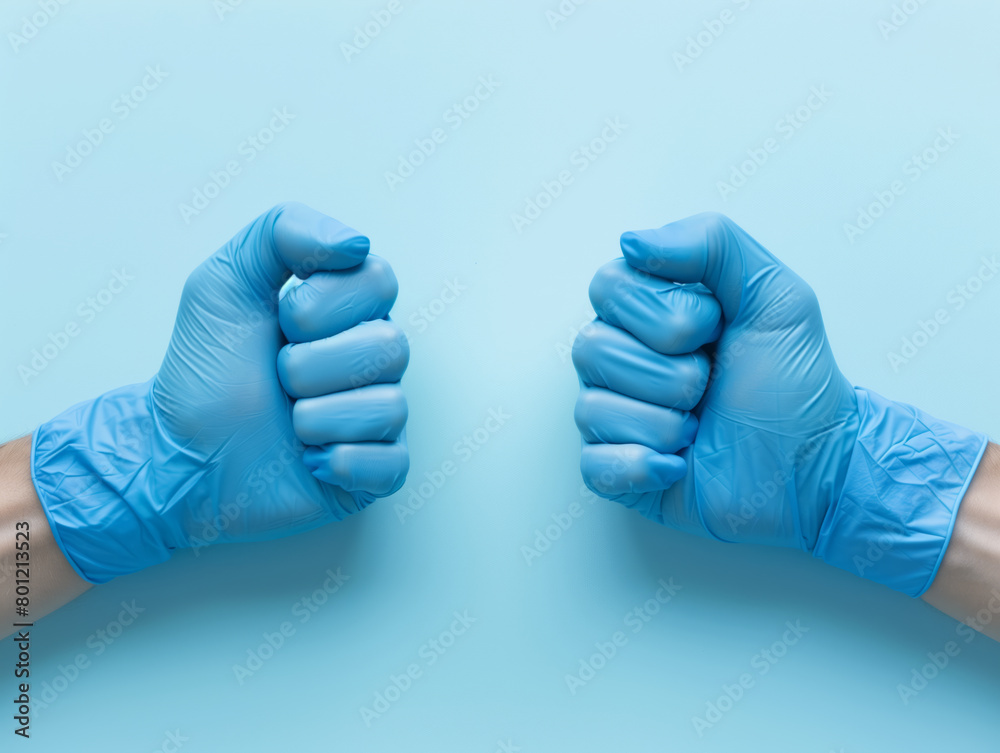 Two hands wearing blue medical gloves making a clenched fist punch on a light blue background, in a close up view. Two hands wearing blue medical gloves making a clenched fist punch on a light blue background, in a close up view.