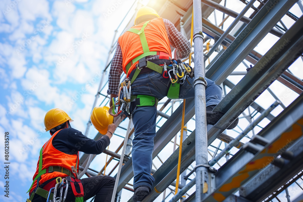 Two workers wearing safety helmets and orange work vests, with green posture tape tied around their waists, are climbing up from ground level view at a steel structure roof on a sunny day. 
