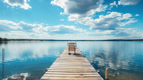 Landscape with a long wooden pier with chairs for fishing and relaxing enjoying the lake view