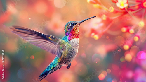 A hummingbird hovers in mid-air with its long, thin beak outstretched towards a flower