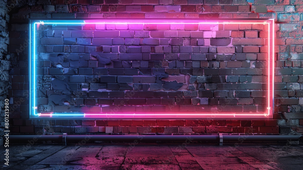 Neon sign on brick wall at night. Inscription blank space Neon sign on brick wall at night. Inscription blank space