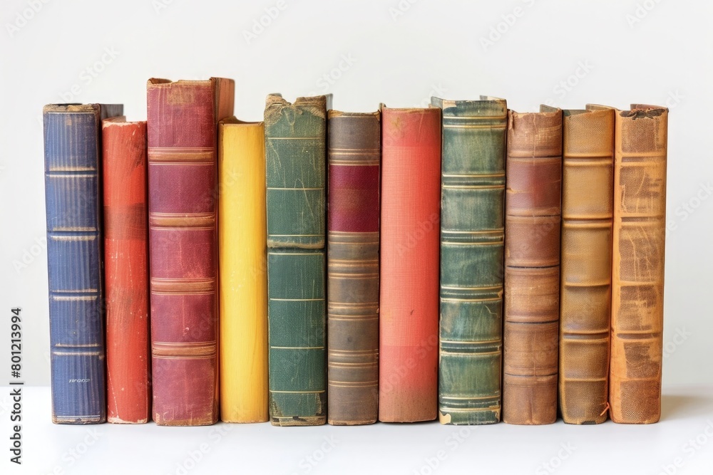 Naklejka premium Row of books on white background, concept of studies, learning, knowledge, World Book Day.