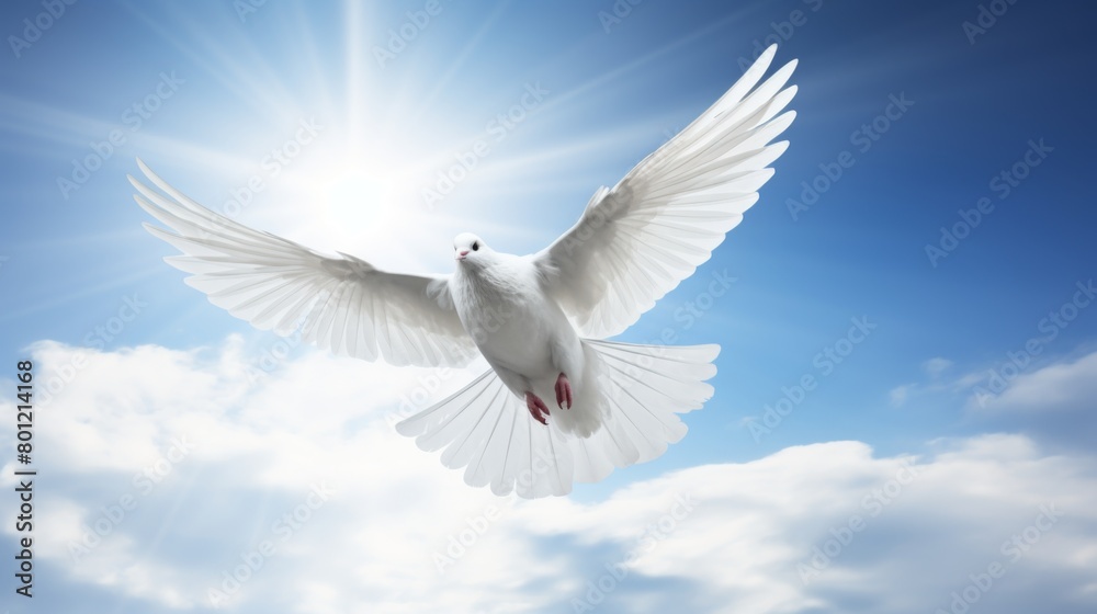 a white dove flying on the light blue sky background a white dove flying on the light blue sky background