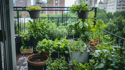 Urban balcony transformed into a thriving vegetable garden with pots of greens, herbs, and cherry tomatoes.