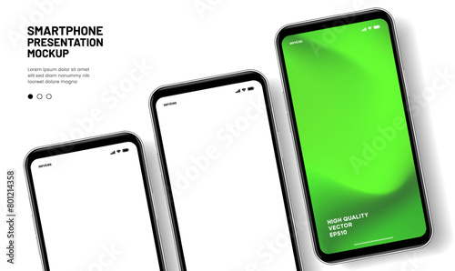Realistic smartphone mockup. Mobile phone vector with isolated on white background. Device front view. 3D mobile phone with shadow. Realistic, high quality smart phone mockup for ui ux presentation.