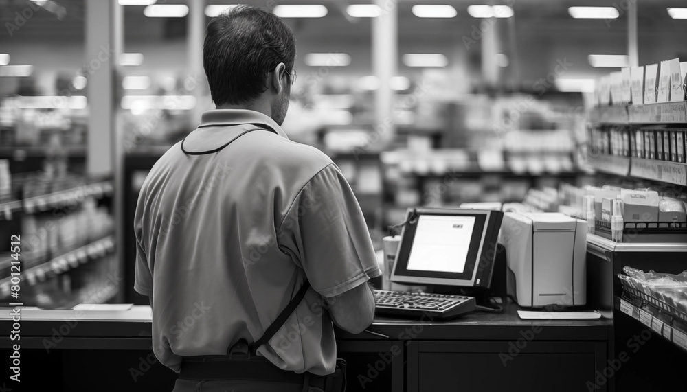 Focused male cashier working at a cash register in a supermarket Focused male cashier working at a cash register in a supermarket