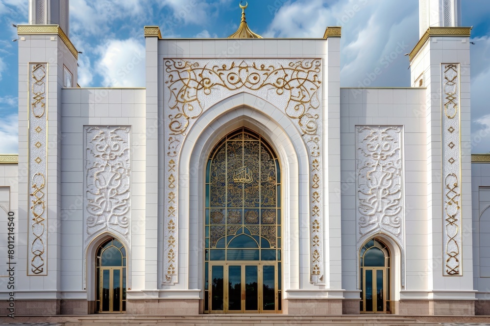 Entrance to a mosque with a mosque in the background, concept of Eid-al-Adha, Eid Mubarak, Ramadan, Feast of Sacrifice.