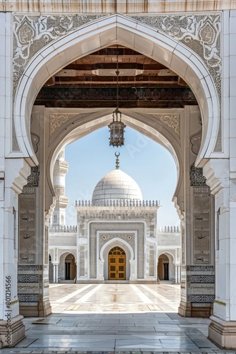 Entrance to a mosque with a mosque in the background  concept of Eid-al-Adha  Eid Mubarak  Ramadan  Feast of Sacrifice.