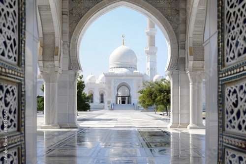 Entrance to a mosque with a mosque in the background, concept of Eid-al-Adha, Eid Mubarak, Ramadan, Feast of Sacrifice.