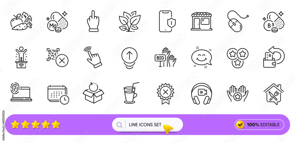 Smartphone protection, Cash back and Return package line icons for web app. Pack of Cursor, Headphones, Vegetables pictogram icons. Bid offer, Smile chat, Reject medal signs. Stars. Search bar. Vector Smartphone protection, Cash back and Return package line icons for web app. Pack of Cursor, Headphones, Vegetables pictogram icons. Bid offer, Smile chat, Reject medal signs. Stars. Search bar. Vector