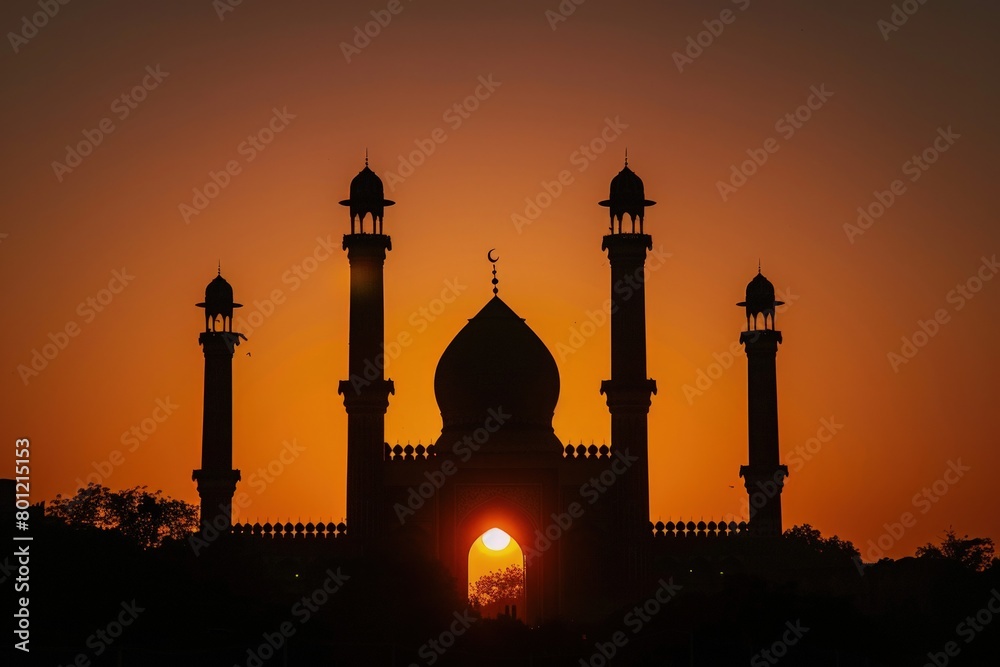 Silhouette of a mosque, concept of Eid-al-Adha, Eid Mubarak, Ramadan, Feast of Sacrifice.