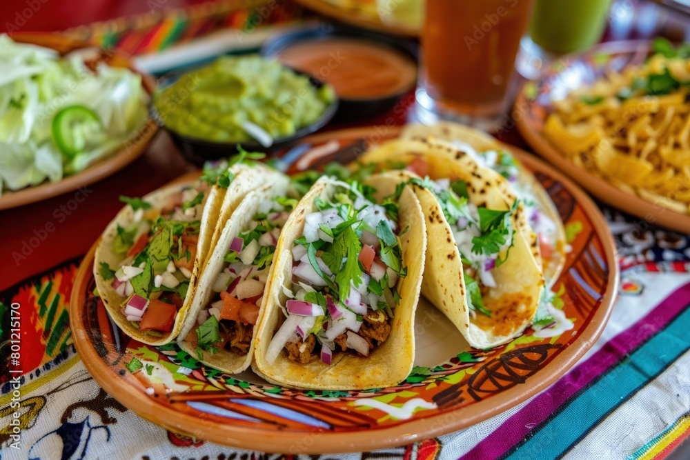 Plate with Mexican tacos, Cinco de Mayo concept, Mexican food, Mexican cuisine. Plate with Mexican tacos, Cinco de Mayo concept, Mexican food, Mexican cuisine.