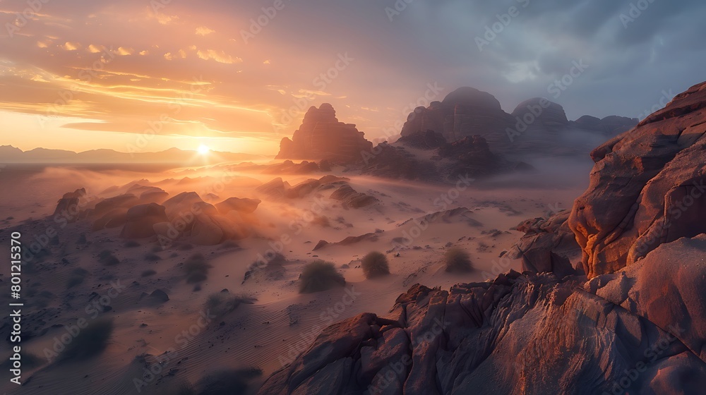 Beautiful panoramic sandstone rocks foggy sunrise