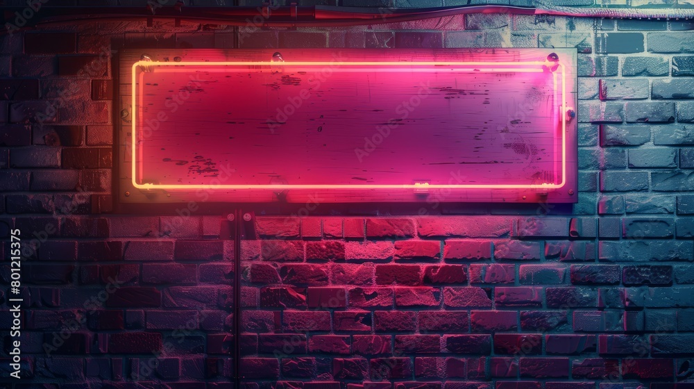 Neon sign on brick wall at night. Inscription blank space Neon sign on brick wall at night. Inscription blank space