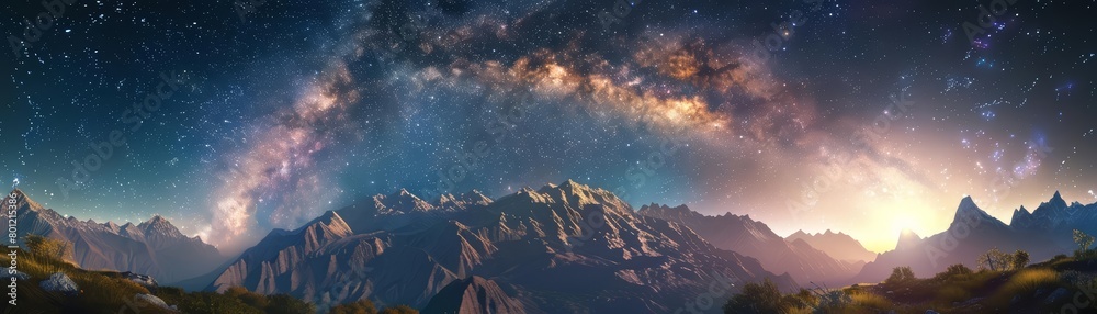 Naklejka premium Enhance the details in this photo of a mountain range at night. Make the stars in the sky appear more vivid and add a subtle glow to the mountains.
