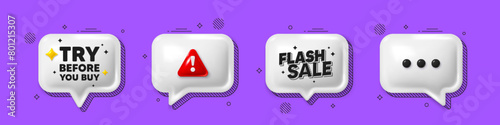 Offer speech bubble 3d icons. Try before you buy tag. Special offer price sign. Advertising discounts symbol. Try before you buy chat offer. Flash sale, danger alert. Text box balloon. Vector