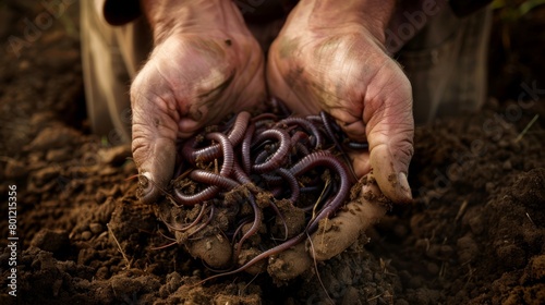 A pair of human hands gently cradling a cluster of active earthworms amidst rich, dark fertile soil, symbolizing sustainable agriculture and soil health