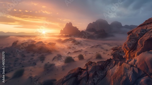 Beautiful panoramic sandstone rocks foggy sunrise