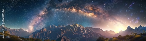 Enhance the details in this photo of a mountain range at night. Make the stars in the sky appear more vivid and add a subtle glow to the mountains.