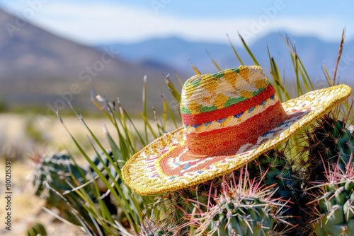 Mexican hat on cactus, desert in the background, Cinco de Mayo concept, Mexican culture. photo