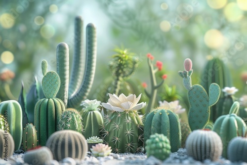 Various types of cacti 3D style, Cinco de Mayo concept, Mexican, bokeh background.