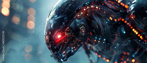 A highly detailed and realistic rendering of a robot with glowing red eye