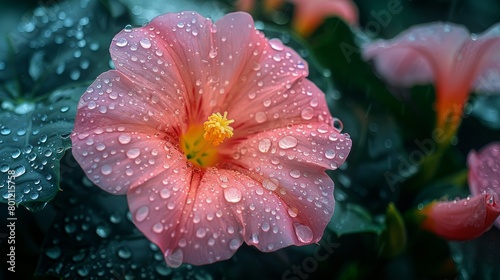 A beautiful close-up of a wet pink hibiscus flower with water droplets on its petals.