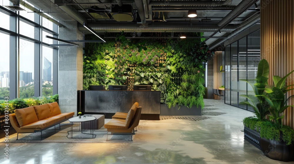 Office lobby adorned with planters and green walls, promoting a healthy and vibrant indoor environment.
