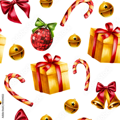 Seamless pattern with christmas balls, golden bell, gift illustrations. New year watercolor present box with red bow isolated on background. For designers, decoration, shop, for po