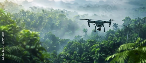 A drone flies over the lush green rainforest canopy, capturing stunning aerial footage of the dense vegetation and wildlife below.