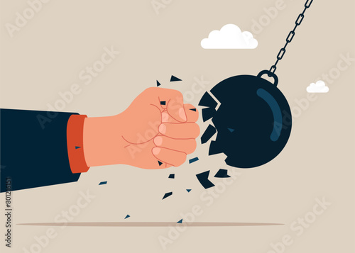 Businessman protects from a collision with a broken wrecking ball. Safety measures. IT defense. Insurance and protection. Flat vector illustration