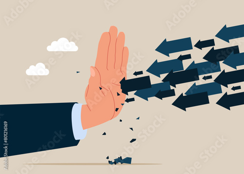 Businessman resist the falling arrow. Flat vector illustration