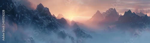 Panoramic shot of snow-capped mountains in the distance with sunlight shining through the clouds.