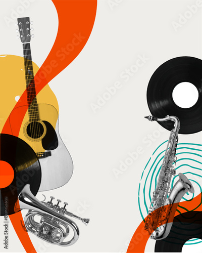 Vector illustration. Contemporary art collage. Musical instruments on light background with abstract design elements. Concept of music lifestyle, creativity, inspiration, imagination, ad.