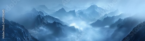 Create a realistic matte painting of a mountain landscape. The mood should be mysterious and serene. Include a heavy mist that obscures the details of the mountains. photo