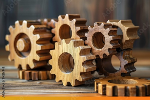 A set of dominos made from wooden blocks, each block a component of the algorithmic sequence, set up to show how one step leads to another in AI content creation, background for text