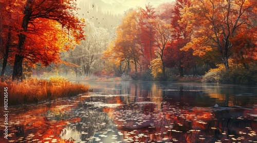 A beautiful autumn landscape with a lake, trees, and mountains