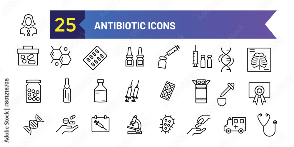 Antibiotic icons set. Outline set of antibiotic vector icons for ui design. Outline icon collection. Editable stroke.
