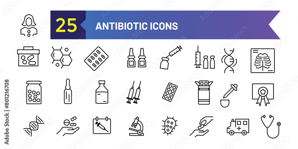 Fototapeta premium Antibiotic icons set. Outline set of antibiotic vector icons for ui design. Outline icon collection. Editable stroke.