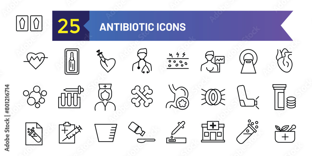 Antibiotic icons set. Outline set of antibiotic vector icons for ui design. Outline icon collection. Editable stroke. Antibiotic icons set. Outline set of antibiotic vector icons for ui design. Outline icon collection. Editable stroke.