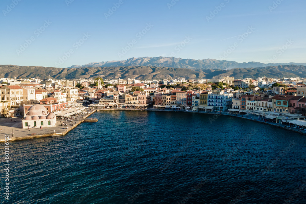 Aerial top view by drone of Chania city, Crete island, Greece.
