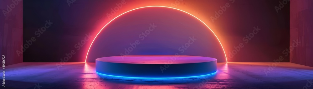 Create a 3D rendering of a futuristic stage with a glowing blue and ...