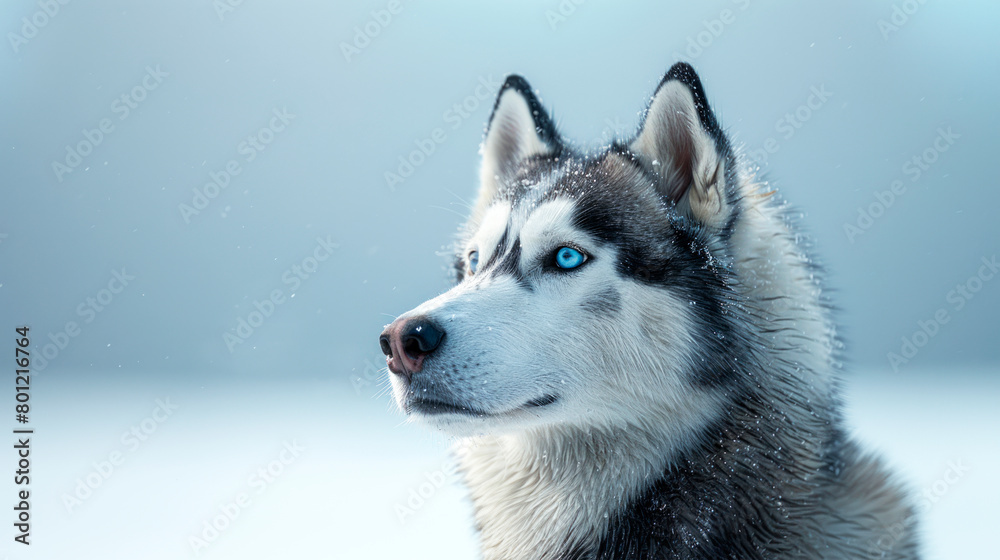Husky Dog with blue eyes on winter background.