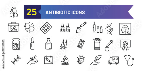 Antibiotic icons set. Outline set of antibiotic vector icons for ui design. Outline icon collection. Editable stroke.